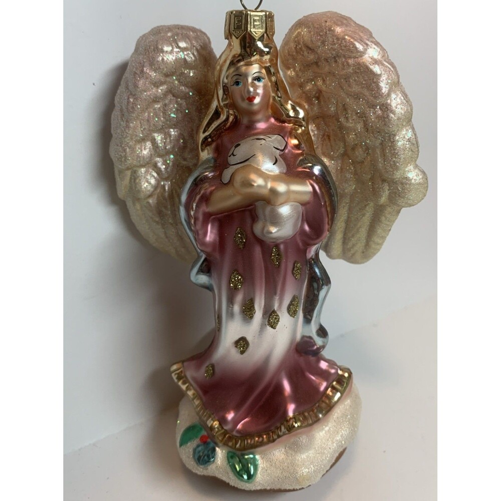 Fitz & Floyd Glass Angel Peaceable Kingdom Christmas Ornament Holding a Dog 5.5”